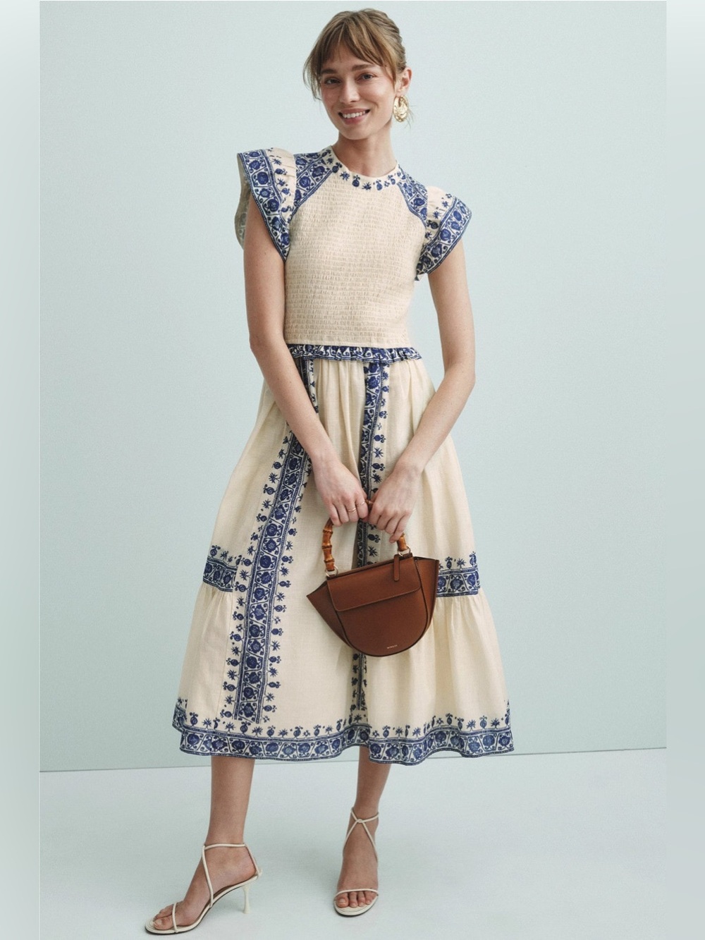 Sea New York Flutter Sleeve Midi Dress Cream and Blue Embroidered Sz XS